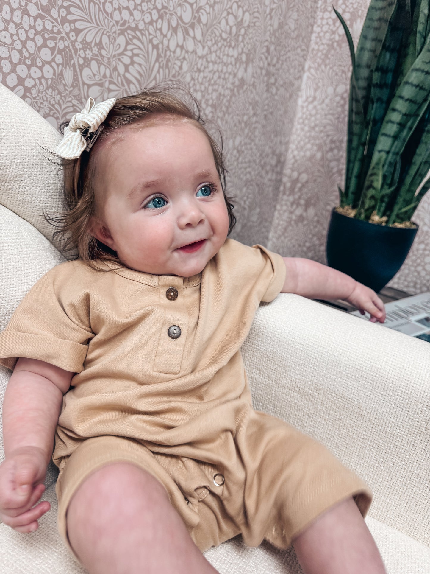 Solid Button Romper - Sand